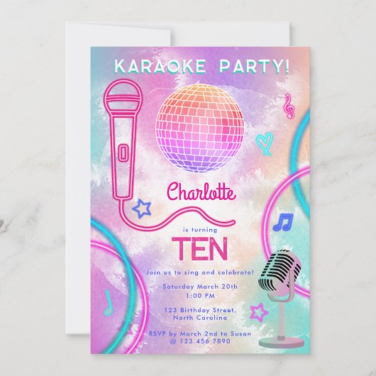 Karaoke Neon Glow Tie Dye Birthday Party Einladung (Vorderseite)