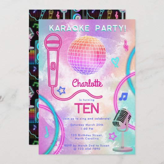 Karaoke Neon Glow Tie Dye Birthday Party Einladung (Vorne/Hinten)