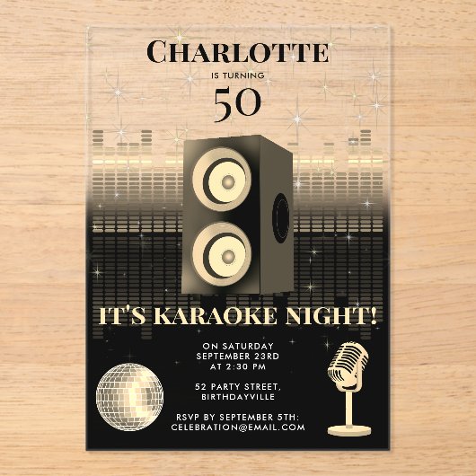 Karaoke Night Black Gold 50th Disco Birthday Party Acryleinladungen (Vorderseite)