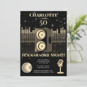 Karaoke Night Black Gold 50th Disco Birthday Party Einladung (Stehend Vorderseite)