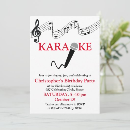 Karaoke Party Musikalisches Schuhmikrofon Rot Einladung (Stehend Vorderseite)