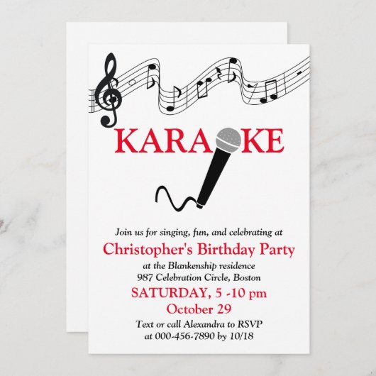 Karaoke Party Musikalisches Schuhmikrofon Rot Einladung (Vorne/Hinten)
