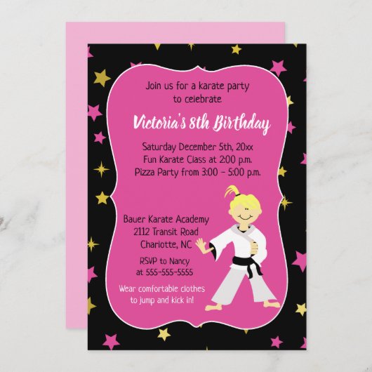 Karate Birthday Einladung Girl Black Belt (Vorne/Hinten)