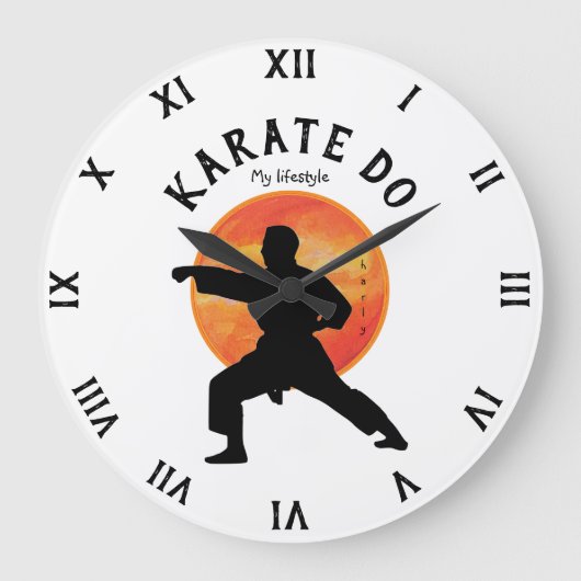 Karate Black Silhouette & Rising Sun Martial Arts Große Wanduhr (Vorderseite)