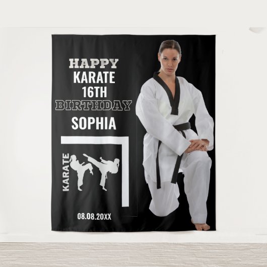 Karate-Geburtstag, Karate-Mädchen-Spieler-Hintergr Wandteppich (Vorderseite)