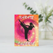 Karate Girl Kick Stars und Wirbel Retro Postkarte (Stehend Vorderseite)