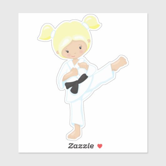 Karate Girl, Niedlich Girl, Blonde Hair, Schwarzer Aufkleber (Blatt)