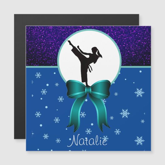 Karate Girls Glitzer und Bow Snowflake Magnetkarte (Vorne/Hinten)
