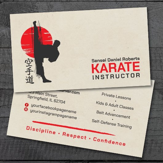 Karate-Instruktor - Kanji und Karateka Silhouette Visitenkarte