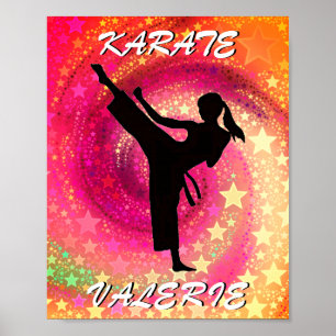 Karate-Mädchen-Tritt Sterne und Wirbel Retro Poster