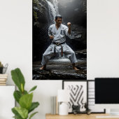 Karate Master Performing Kata Under Waterfall Poster (Heimbüro)