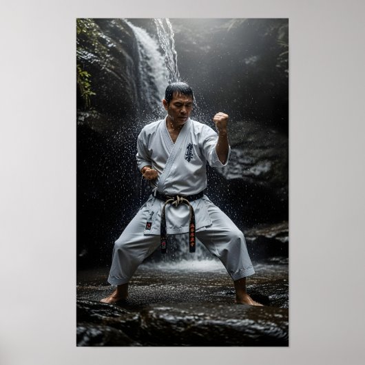 Karate-Meister führt Kata unter Wasserfall aus Poster (Vorne)