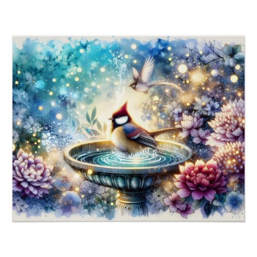 Kardinal am Vogelbad Träumerischer Garten Poster (Vorderseite)