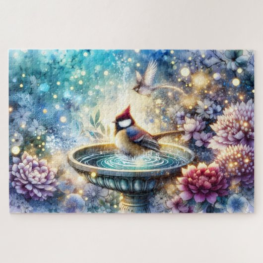 Kardinal am Vogelbad Traumhafter Garten Puzzle (Horizontal)