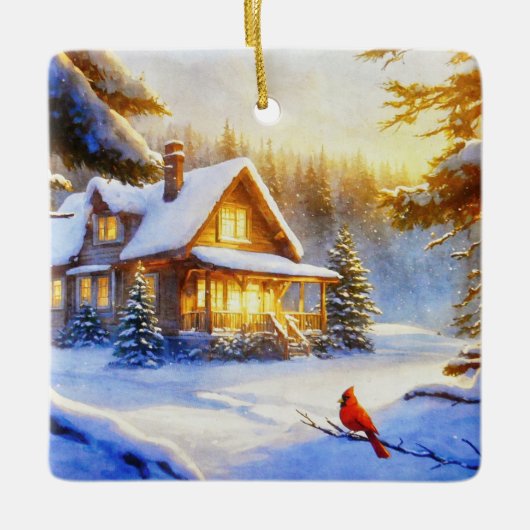 Kardinal an einem Schneetag Keramikornament (Vorderseite)