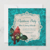 Kardinal & Aquamarin Blue Floral Weihnachten Party Einladung (Vorderseite)
