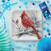 Kardinal auf Baumzweig in der Weihnachtswinterszen Pappteller (Party)