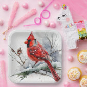 Kardinal auf Baumzweig in der Weihnachtswinterszen Pappteller (Party)