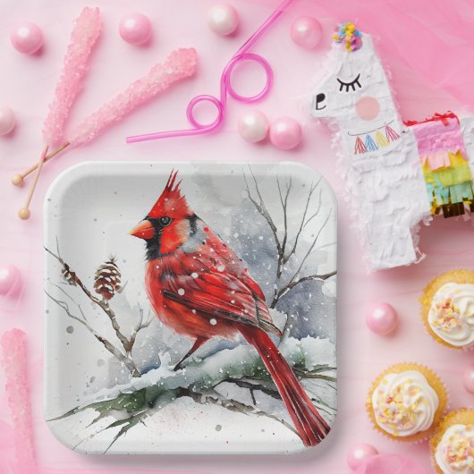 Kardinal auf Baumzweig in der Weihnachtswinterszen Pappteller (Party)