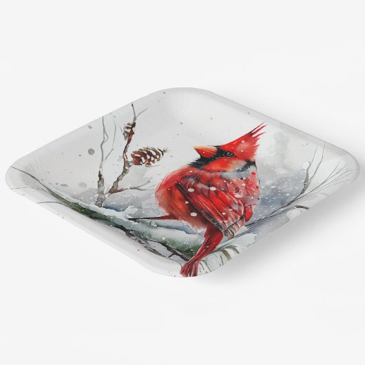 Kardinal auf Baumzweig in der Weihnachtswinterszen Pappteller (Gewinkelt)
