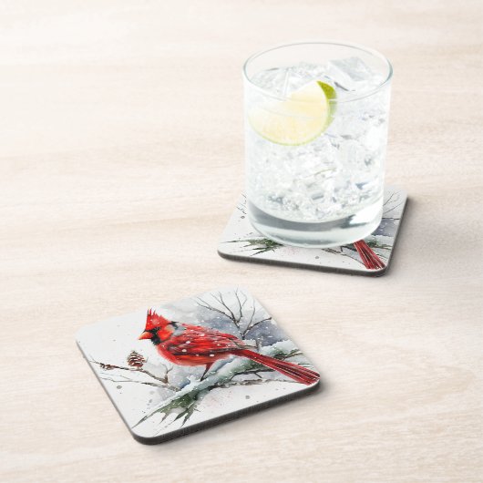 Kardinal auf dem Zweig der Schneebäume in den Weih Getränkeuntersetzer (Rechte Seite)