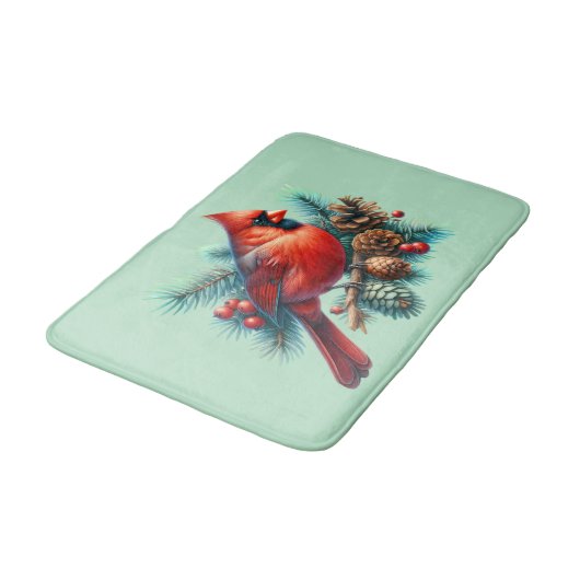 Kardinal auf der Kiefernabzweigung mit den Winterb Badematte (Schrägansicht)