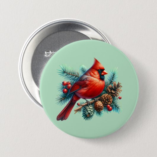 Kardinal auf der Kiefernabzweigung mit den Winterb Button (Vorne & Hinten)