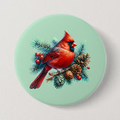 Kardinal auf der Kiefernabzweigung mit den Winterb Button (Vorderseite)