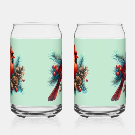 Kardinal auf der Kiefernabzweigung mit den Winterb Dosenglas (Links)