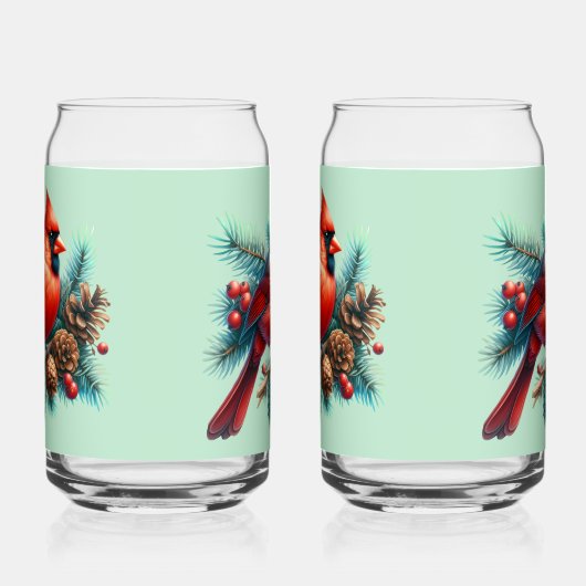 Kardinal auf der Kiefernabzweigung mit den Winterb Dosenglas (Rechts)