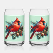 Kardinal auf der Kiefernabzweigung mit den Winterb Dosenglas (Rückseite)