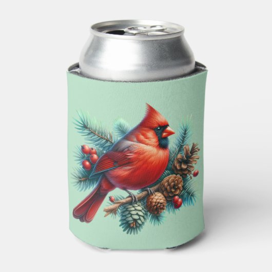 Kardinal auf der Kiefernabzweigung mit den Winterb Dosenkühler (Kanne Vorderseite)