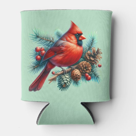 Kardinal auf der Kiefernabzweigung mit den Winterb Dosenkühler (Vorderseite)