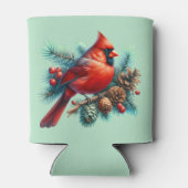 Kardinal auf der Kiefernabzweigung mit den Winterb Dosenkühler (Rückseite)