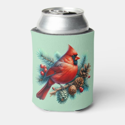 Kardinal auf der Kiefernabzweigung mit den Winterb Dosenkühler (Kanne Rückseite)