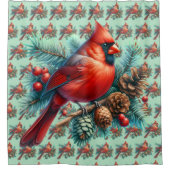 Kardinal auf der Kiefernabzweigung mit den Winterb Duschvorhang (Vorderseite)