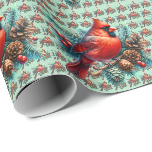 Kardinal auf der Kiefernabzweigung mit den Winterb Geschenkpapier (Rolleneckpunkt)