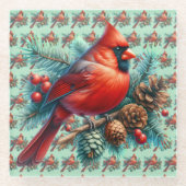 Kardinal auf der Kiefernabzweigung mit den Winterb Glasuntersetzer (Vorderseite)