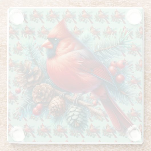 Kardinal auf der Kiefernabzweigung mit den Winterb Glasuntersetzer (Rückseite)