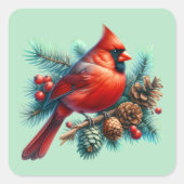 Kardinal auf der Kiefernabzweigung mit den Winterb Quadratischer Aufkleber (Vorderseite)