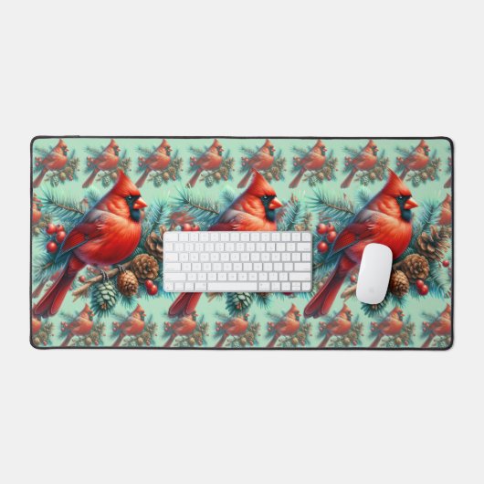 Kardinal auf der Kiefernabzweigung mit den Winterb Schreibtischunterlage (Tastatur & Maus)