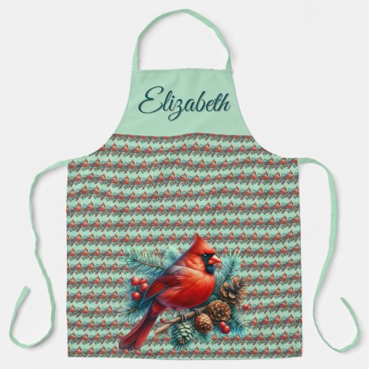 Kardinal auf der Kiefernabzweigung mit den Winterb Schürze (Vorderseite)