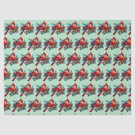 Kardinal auf der Kiefernabzweigung mit den Winterb Seidenpapier (Vorderseite)