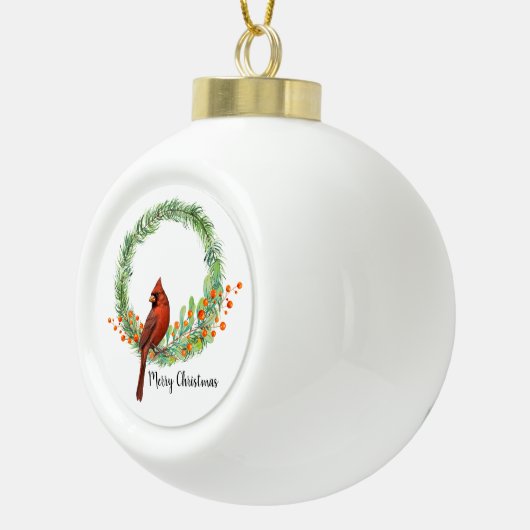 Kardinal auf einem Kranz Schneeflocke Gerahmte Ver Keramik Kugel-Ornament (Rechts)