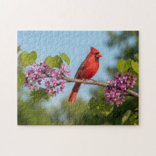 Kardinal auf einem Redbud-Ast Puzzle