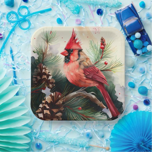 Kardinal auf Evergreen in der Weihnachtswinterszen Pappteller (Party)