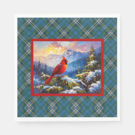 Kardinal auf Grün, Blau, Gold, Weihnachten Kariert Serviette