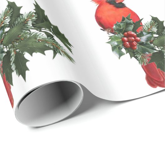 Kardinal auf Holly 2 Wrapping Paper Geschenkpapier (Rolleneckpunkt)