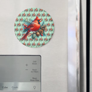 Kardinal auf Kiefernzweig mit Winterbeeren Magnet