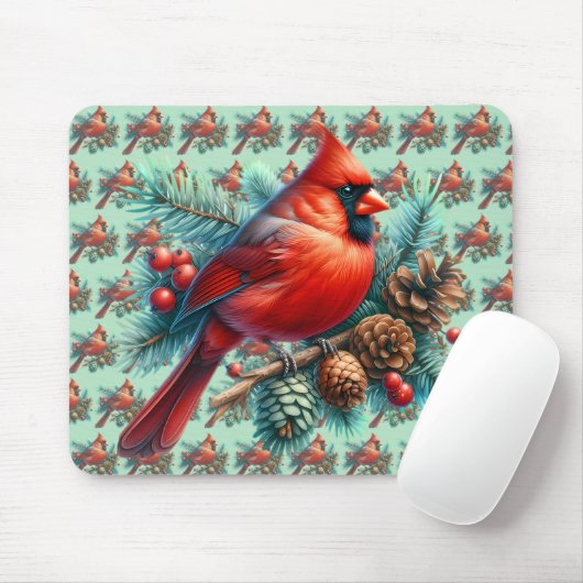 Kardinal auf Kiefernzweig mit Winterbeeren Mousepad (Mit Mouse)